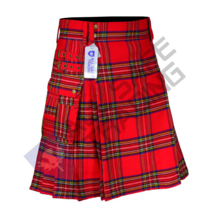 Scottish Men's Modern Royal Stewart 16oz Tartan Pockets Utility Kilt, Cargo Kilt