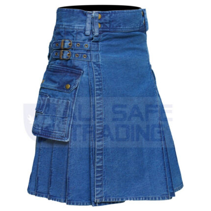 Stylish Men’s Blue Denim Utility Pockets Kilt